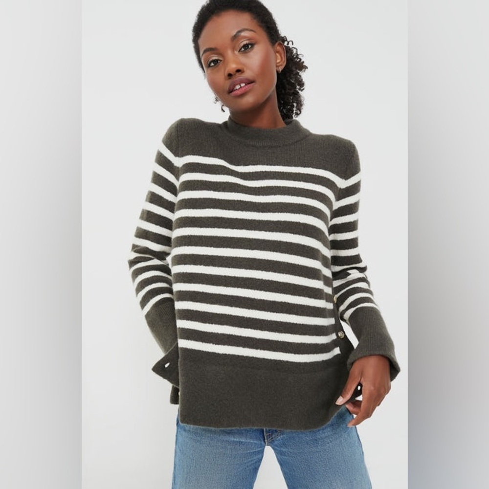 TUCKERNUCK‎ Evergreen and Ivory Stripe Bonnie Sweater Button Sides Crewneck